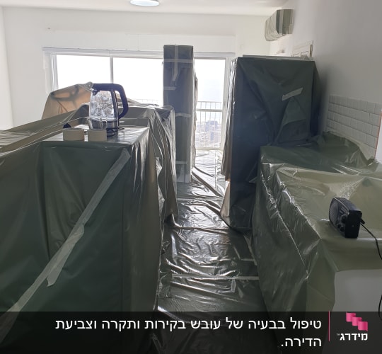 חדר מכוסה ביריעות פלסטיק ירוקות עם סרטי הדבקה